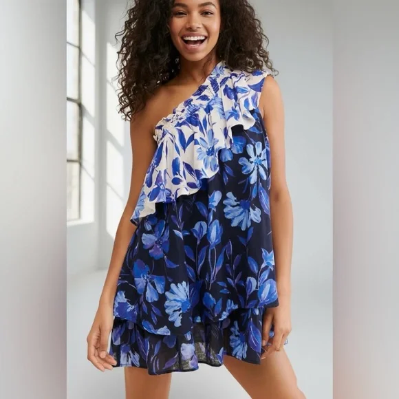 Anthropologie Floral One-Shoulder Tiered Dress Blue Plus Size 2X - Picture 3 of 11